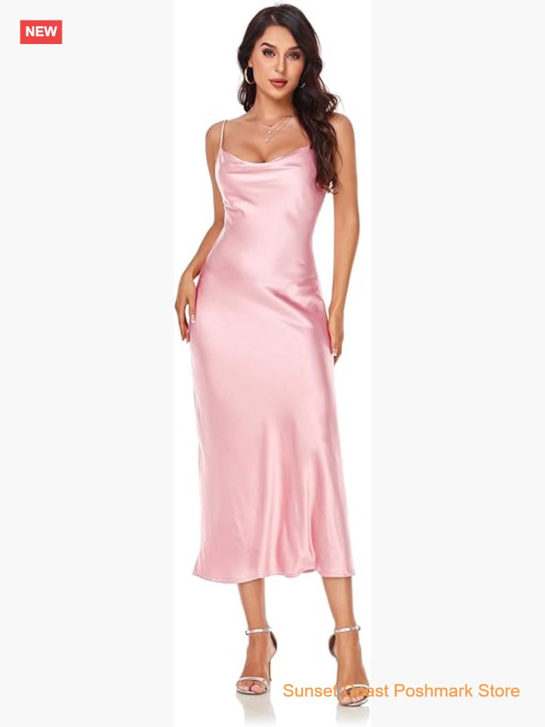Spaghetti Strap Midi Satin Silk Dress Cowl Neck Sleeveless Shift Formal Party